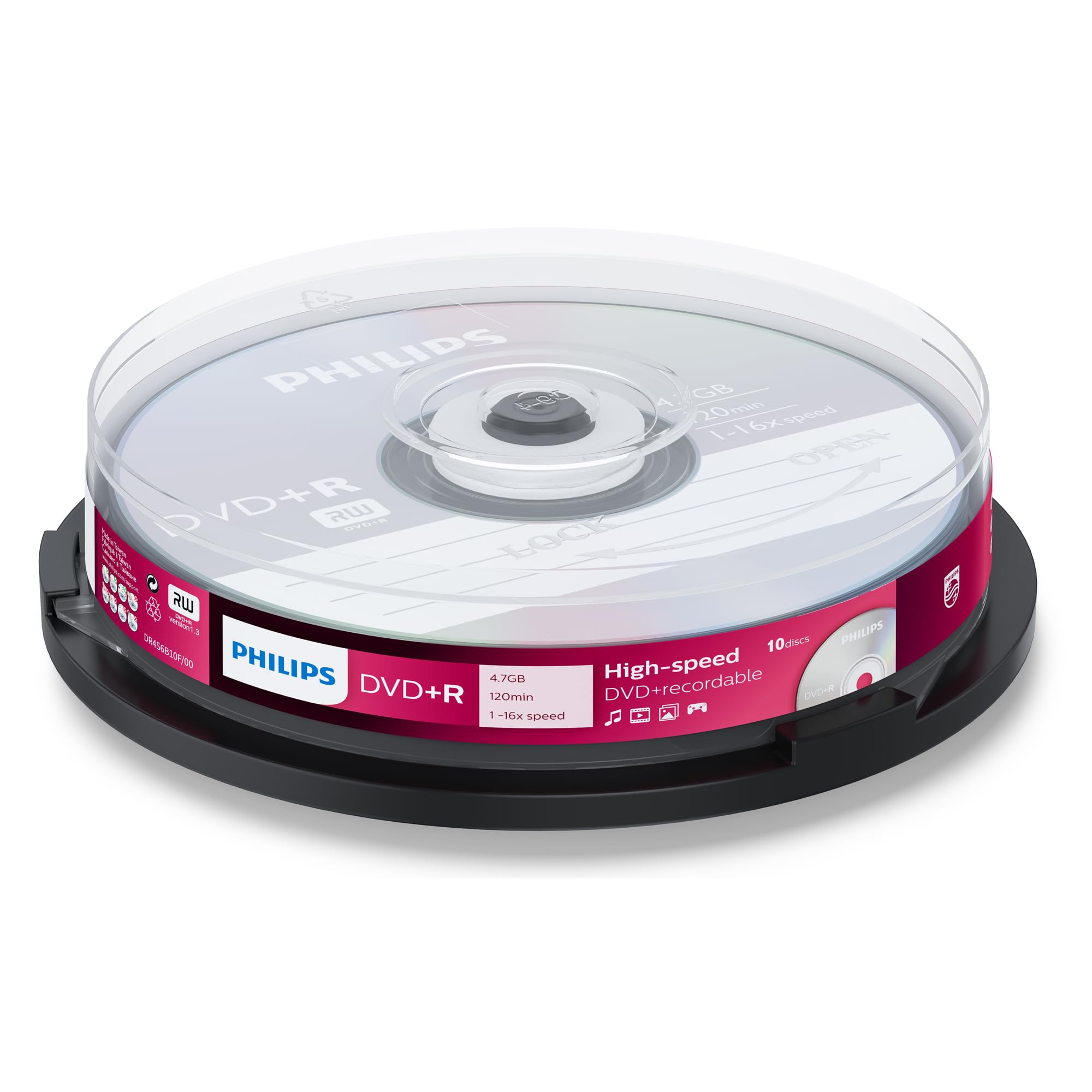 Philips DR4S6B10 ยฐF Blank DVD + R 4.7 GB Data/120 Min Video, 16X, SPINDLE of 10