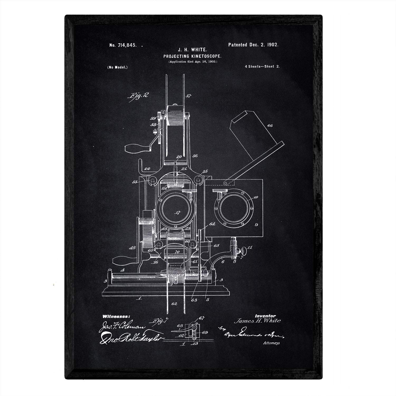 Nacnic Poster with Kinetoscopio Patent 2. film with old design patent in A3 size with black background
