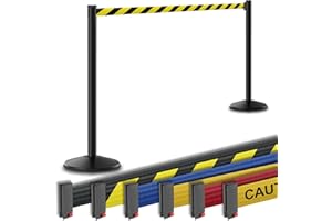 Visiontron Prime Retracta-Belt Stanchion with Retractable Belt Barrier (2pk), Crowd Control Barrier, 10’ Belt, Steel Post, No Tools Required (Black Post w/Black & Yellow Diagonal Belt)