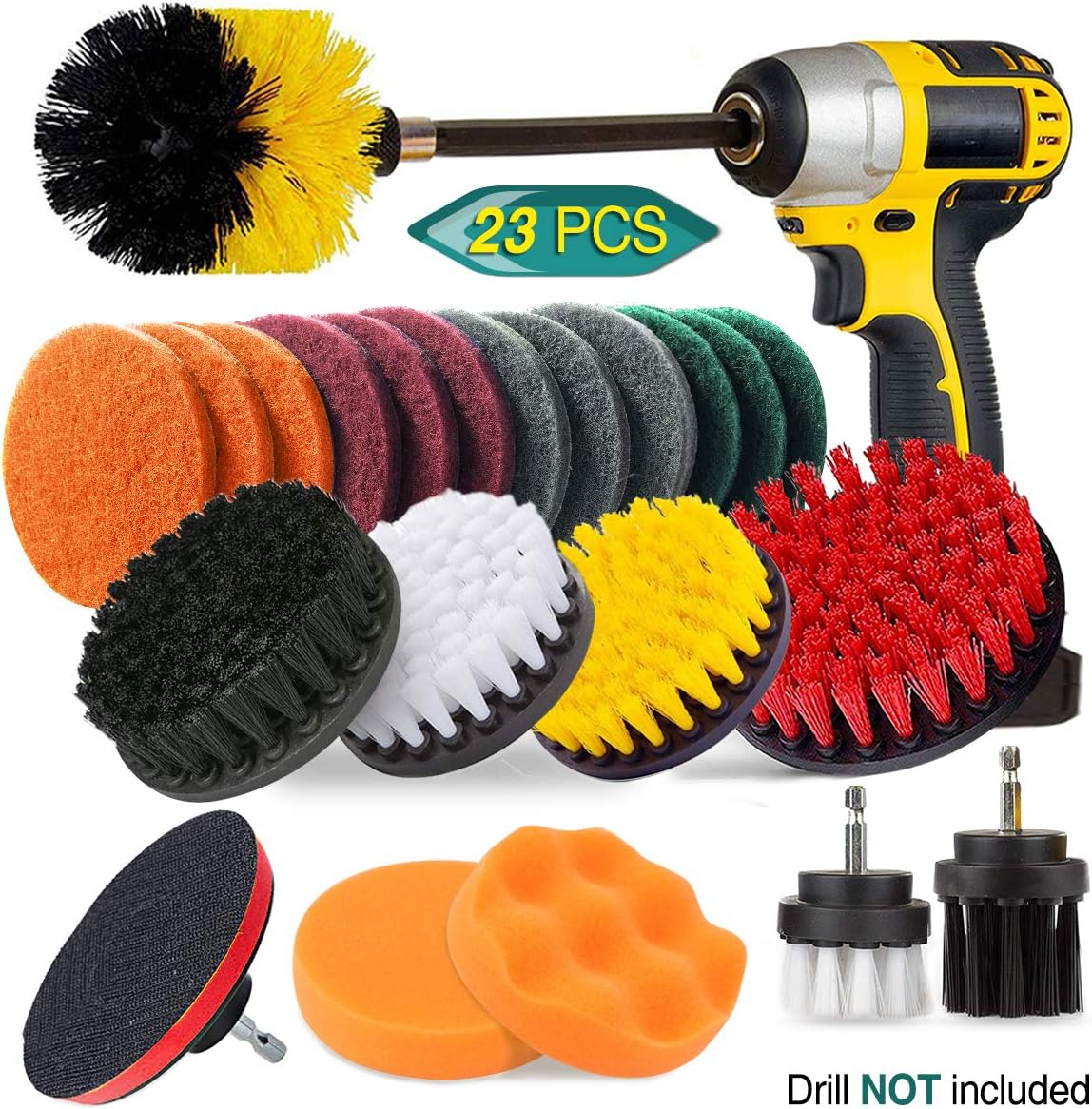 23 Piece Drill Brush Attachment Set, JUSONEY Power Scrubber Drill Brush Kit, Scrub Brush With Extend Long Attachment, Scrubing Pads Cleaning Kit For Tile Sealants, Bathtub, Sinks, Floor, Wheel, Carpet: Kitchen & Dining