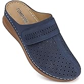 TEMOFON Clogs for Women Mules Shoes: Slip on Leather Closed Toe Sandals Comfortable Arch Support Wedge Shoes Blue Size 8.5