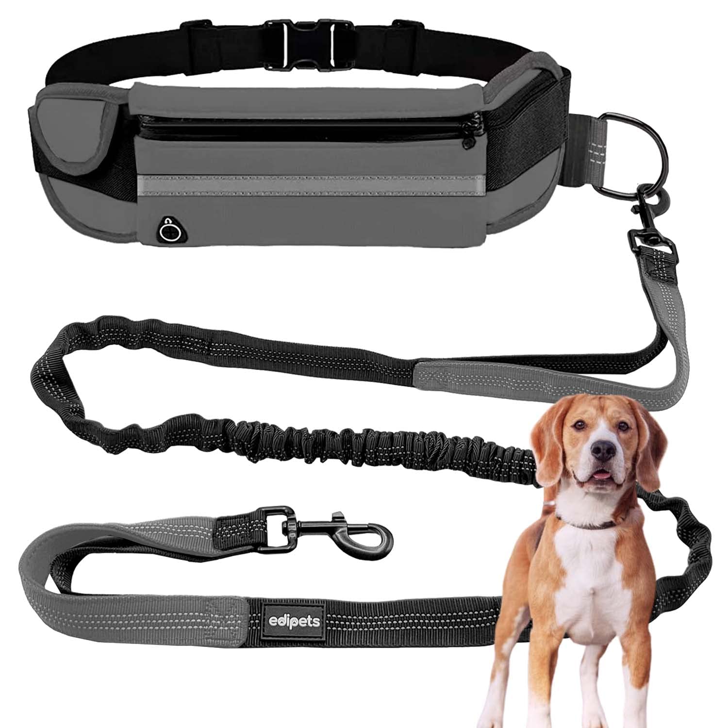 Edipets, Dog Waist Leash for Running, Extendable, Hands-Free, Running, Anti-Pull, Elastic, Reflective, 160-220 cm, Walking for Mobile Phone (Grey)