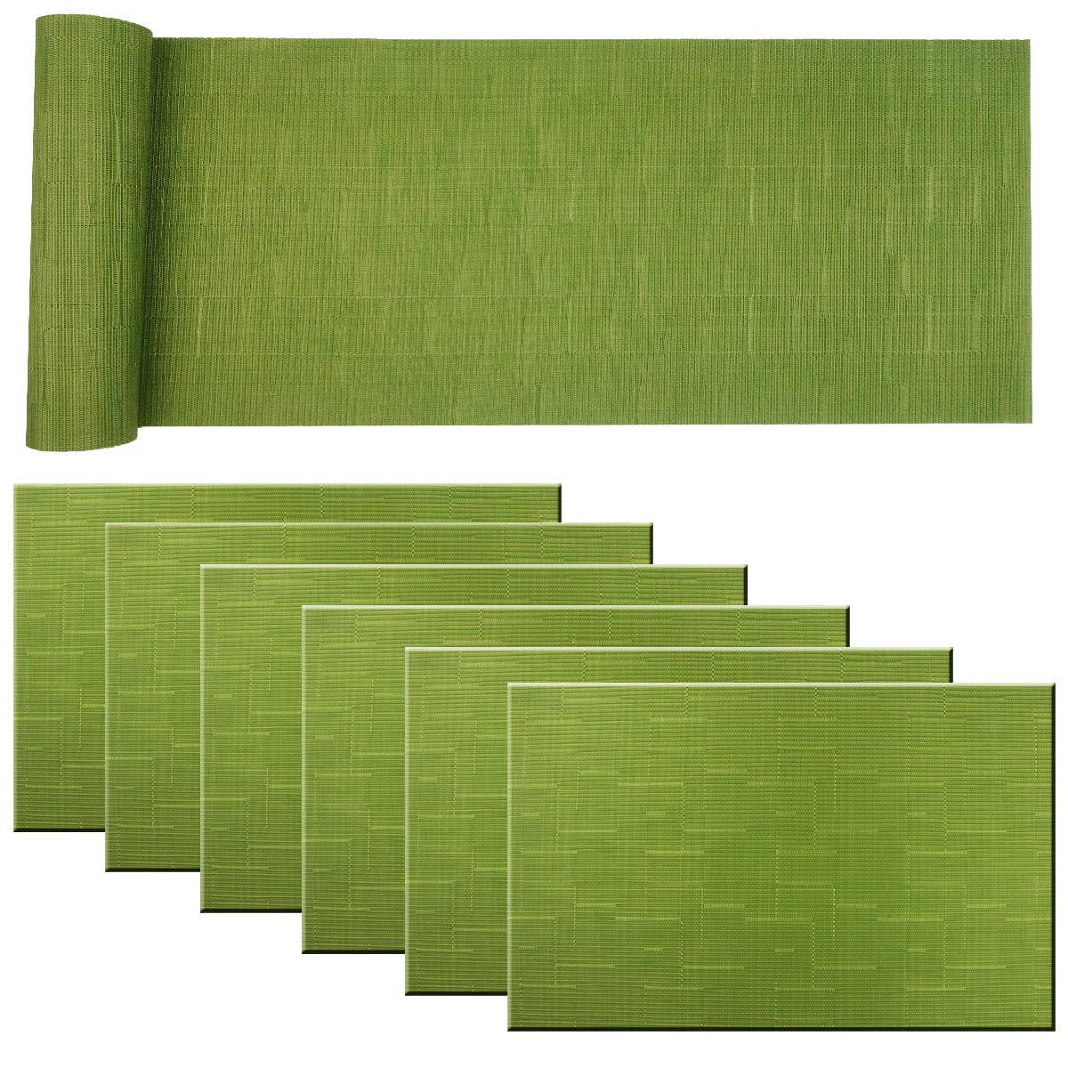 Pigchcy Elegant Placemats & Table Runner, Washable Plastic, 6 Placemats + 1 Runner, Sage Green
