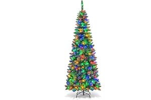 Goplus 6.5FT Prelit Pencil Christmas Tree, Premium Hinged Fir Tree, with 250 LED Lights and Solid Metal Stand, Easy Assemble, Ideal Xmas Decor for Home and Office