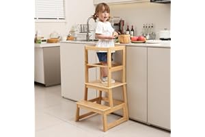 WIIFO Kids Kitchen Step Stool for Kids with Safety Rail,Solid Wood Construction Toddler Learning Stool, Montessori Toddlers Kitchen Stool Tower(Natural)