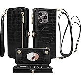 Stylivolve Crossbody Wallet Case for iPhone 14 Pro Max with Mirror, Wrist Strap, Zipper Purse Magnetic Flip RFID Blocking Card Holder, Wireless Charging, PU Leather Shockproof 6.7" Women (Black)
