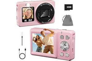 BILEBAK Digital Camera, 4K 48MP Autofocus Dual Screen for Selfies, 18X Zoom Fill Light, Portable Point and Shoot Travel Camera with 32GB SD Card for Kids, Teens, Girls, Boys- Pink