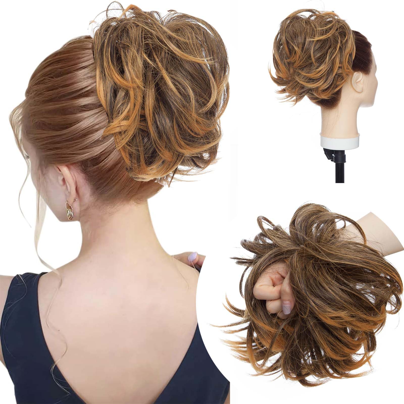 Tousled Updo Messy Bun Hair Piece with Elastic Scrunchie Ponytail Extensions Synthetic Hair Extensions for Women Brown Mix Gold Blonde