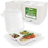 Eco-Craze (200 Count) (8x8x3 inch) 3 Compartment Bagasse Clamshell Take Out Food Containers,Biodegradable & Compostable Conta