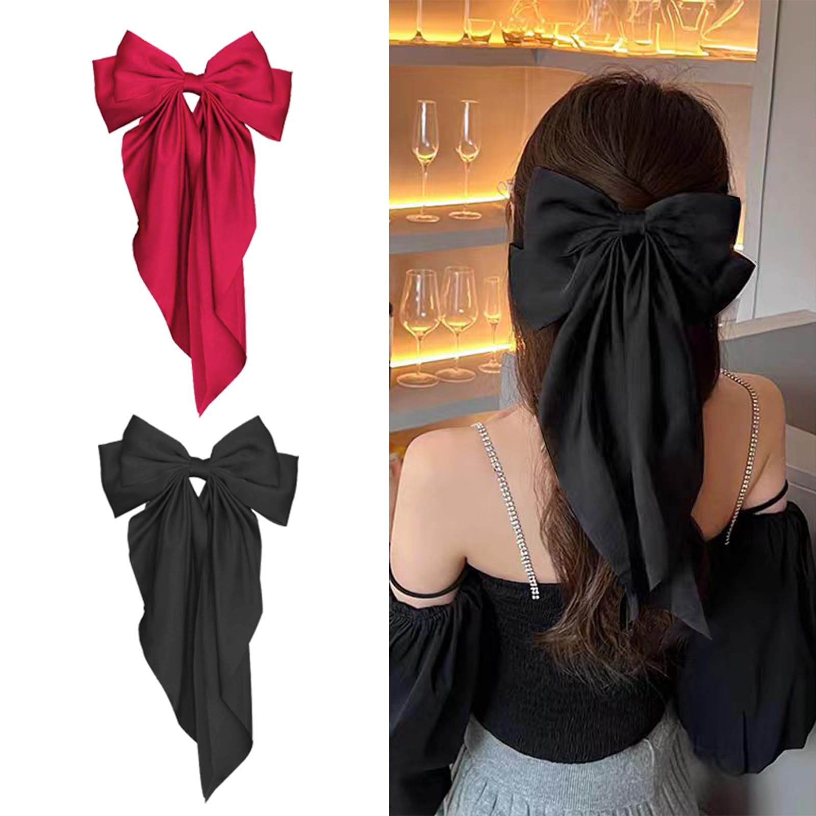 2Pcs Big Satin Hair Clips for Women & Girls - 37cm Long Tail French Bow Hair Barrettes, Soft Silky Hair Accessories for Daily Wear, Holiday, Wedding (red)
