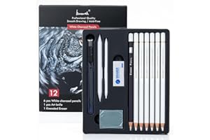 Brusarth White Charcoal Pencils Set - 12 Piece White Colored Pencils for Drawing, Sketching, Shading, Blending, White Chalk Pencils for Kid, Beginners & Pro Artists