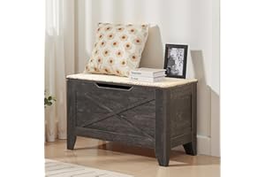 VECELO 30" Storage Chest with Lift Top Storage, Farmhouse Style Ottoman with Handwoven Wicker Cushion, Safety Hinges, Ideal for Entryway, Bedroom, Living Room, Coal Gray