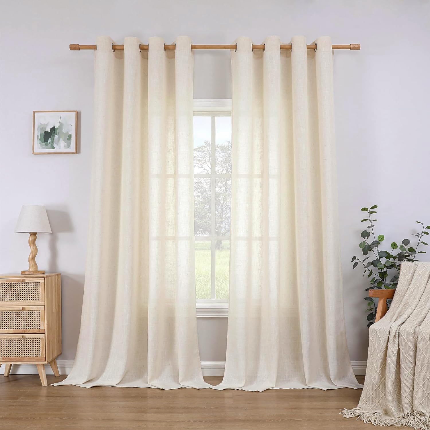 CUCRAF Linen Curtains Eyelet Sheer Net Voile 2 Panels 46" Width x 54" Drop Natural