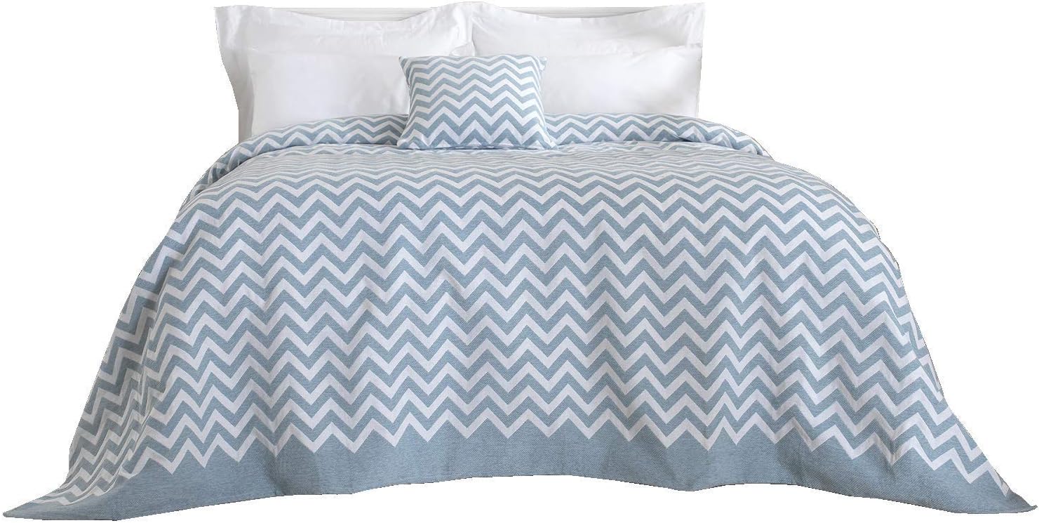 Lancashire Textiles Single Chenille Heavyweight Chevron Bedspread/Throw Geo Geometric in Duck Egg and White