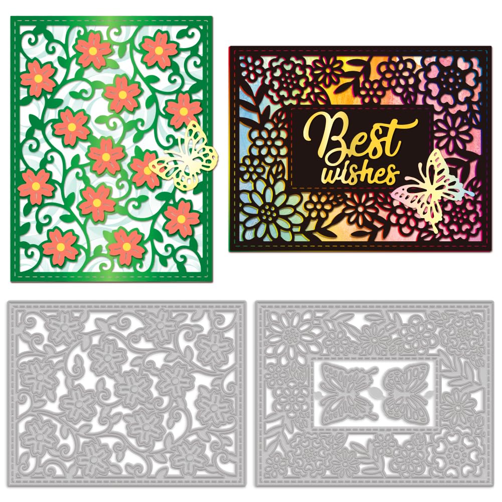 MAYJOYDIY 2pcs Flower Background Butterfly Metal Cutting Die for Card Making Carbon Steel Spring Floral Die Cuts Templates Embossing for DIY Crafts Paper Scrapbooking Photo Album