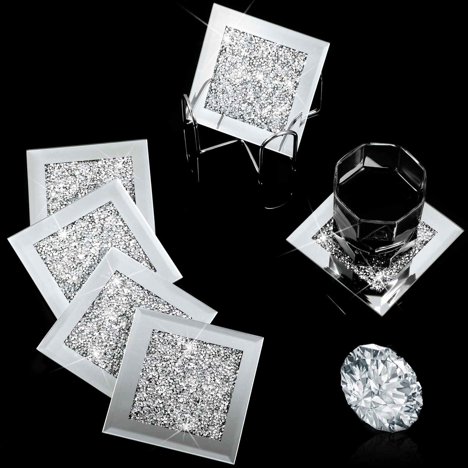 Jetec Crushed Diamond Home Decoration Glass Coaster Set of 6 with 1 Holder, Crystal Mirrored Diamond Coasters Housewarming Gifts for Home Kitchen Bar Table(Silver)