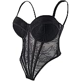 ELLACCI Women’s Mesh Lace Corset Bodysuit Club Party Bustier Top with Adjustable Straps Black