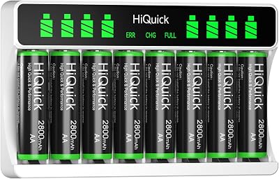 HiQuick 8-slot AA AAA LCD Charger with 8x 2800mAh Ni-MH Batteries, Type C