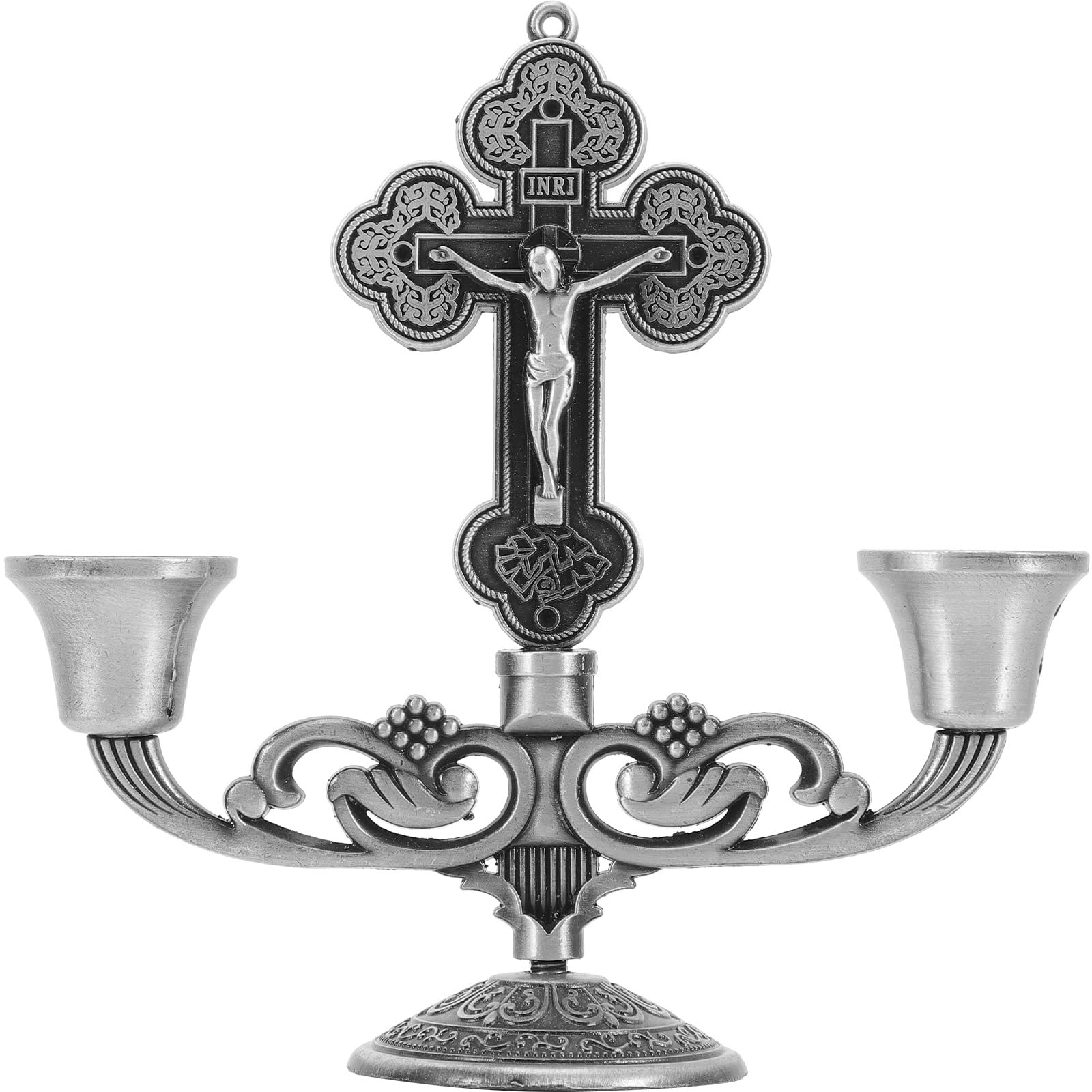 Crucifix Candlestick Cross Statue Metal Cross Candle Holder with Base, Vintage Crucifix Jesus Statue for Church Worship Home Desktop Decor