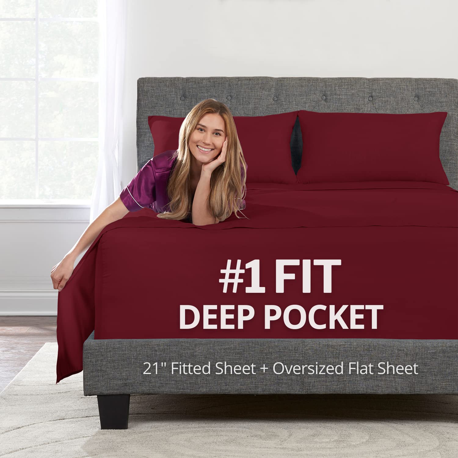 California King Sheet Sets – Deep Pocket California King Sheet Set – [4-Pieces] 21” Cal King Sheets Deep Pocket Fitted, Oversize Flat Sheet, 2 Zippered Pillowcases – Cal King Bed Sheets – Burgundy Image