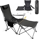 Mlifasty Portable Camping Chair with Footrest Folding Lounge Chair, Reclining Chair for Outside with Cup Holder, Side Pocket and Pillow, Heavy Duty Collapsible Chair for Sports,Outdoors & Lawns