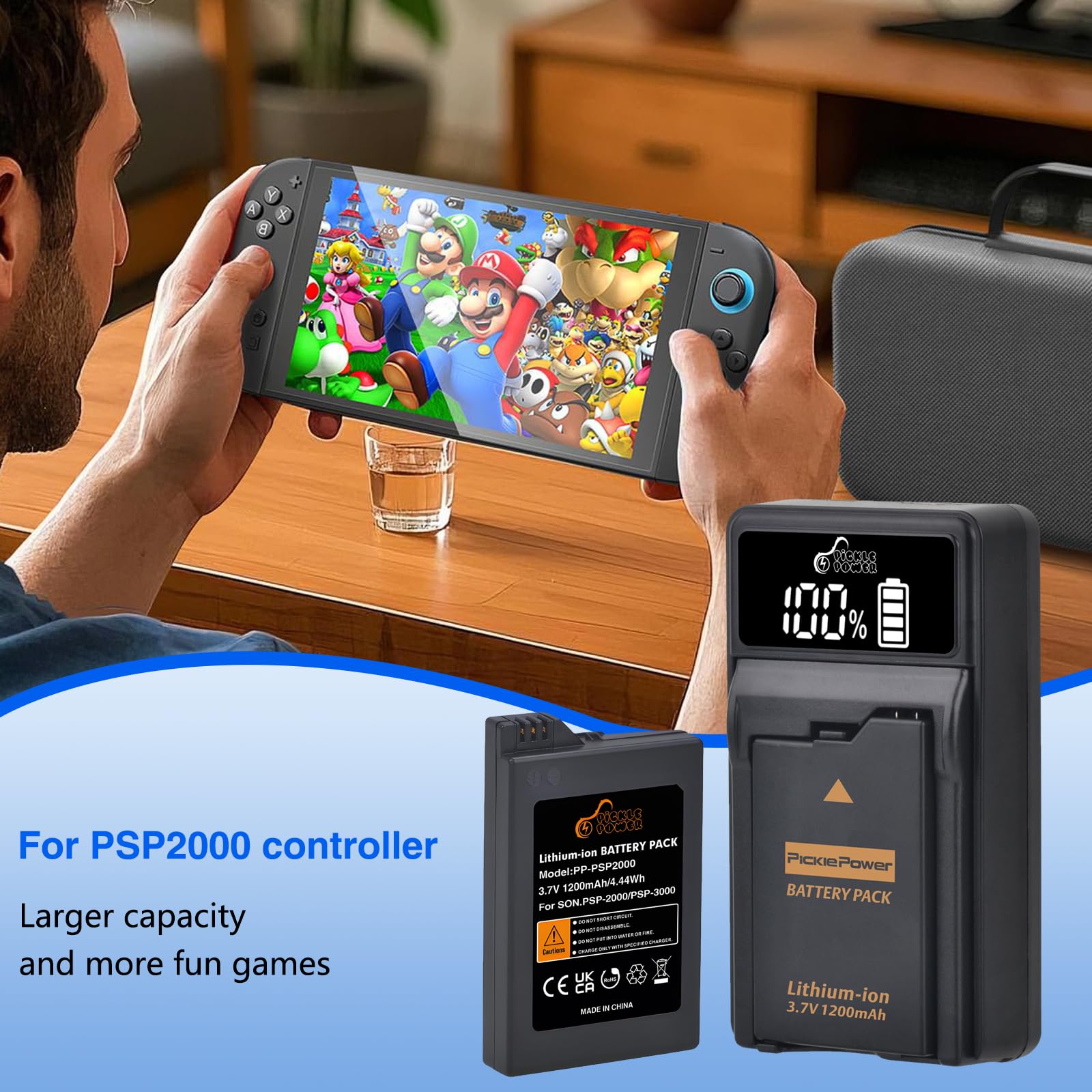 Pickle Power PSP 3001 Battery and LED Display Charger for Sony PSP 2000/3000 PSP-S110 Console, PSP-3001 PSP-3002 PSP-3000 PSP-3004 PSP-2001 PSP-2002 PSP-2003,PSP Lite, PSP Slim