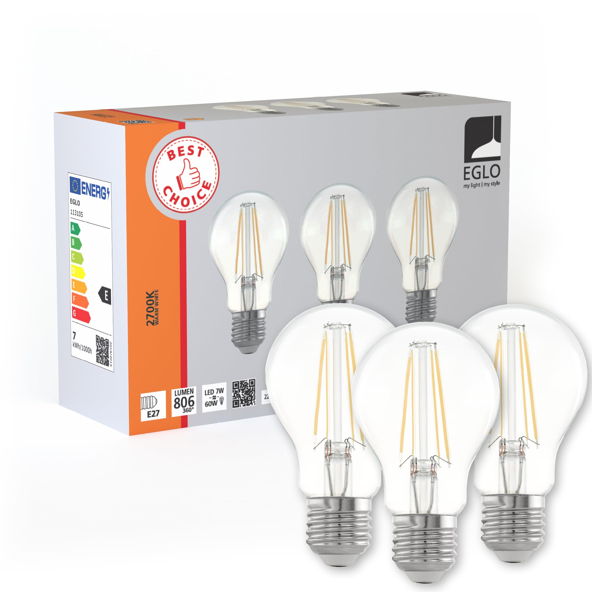 Eglo Set of 3 E27 LED Light Bulbs, Classic Lightbulbs, Lamps for Retro Lighting, 7 watts Each, Warm White, 2700 K, Transparent, Edison Bulb A60, Ø 6 cm — image 1