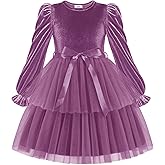 Arshiner Girls Velvet Tutu Dress Toddler Puff Long Sleeve Tiered Tulle Fall Winter Party Dresses with Ribbon