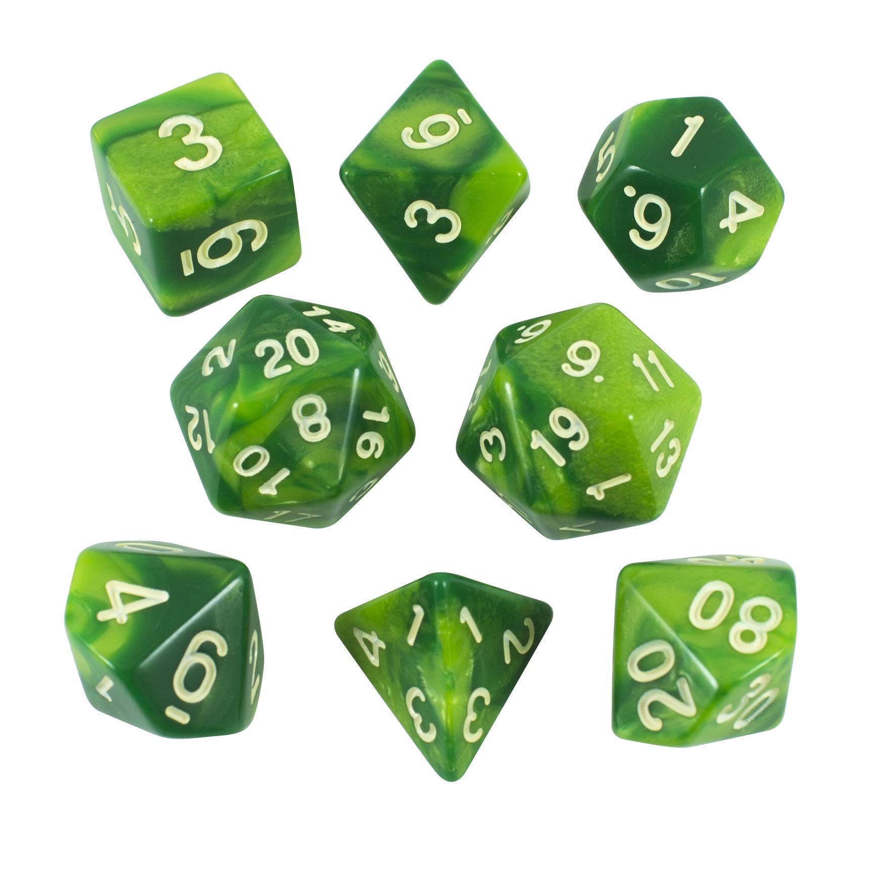 Paladin Roleplaying Marbled Green Dice - Expanded DnD Set With Extra D20 - 'Sylvan Glade'
