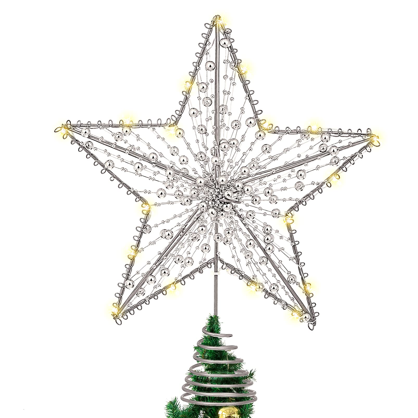 STOBOK Christmas Tree Star Topper Lights Xmas Tree Glittered Tree-top Lamp Ornament Party Home Decor (Silver) (Silver(2))