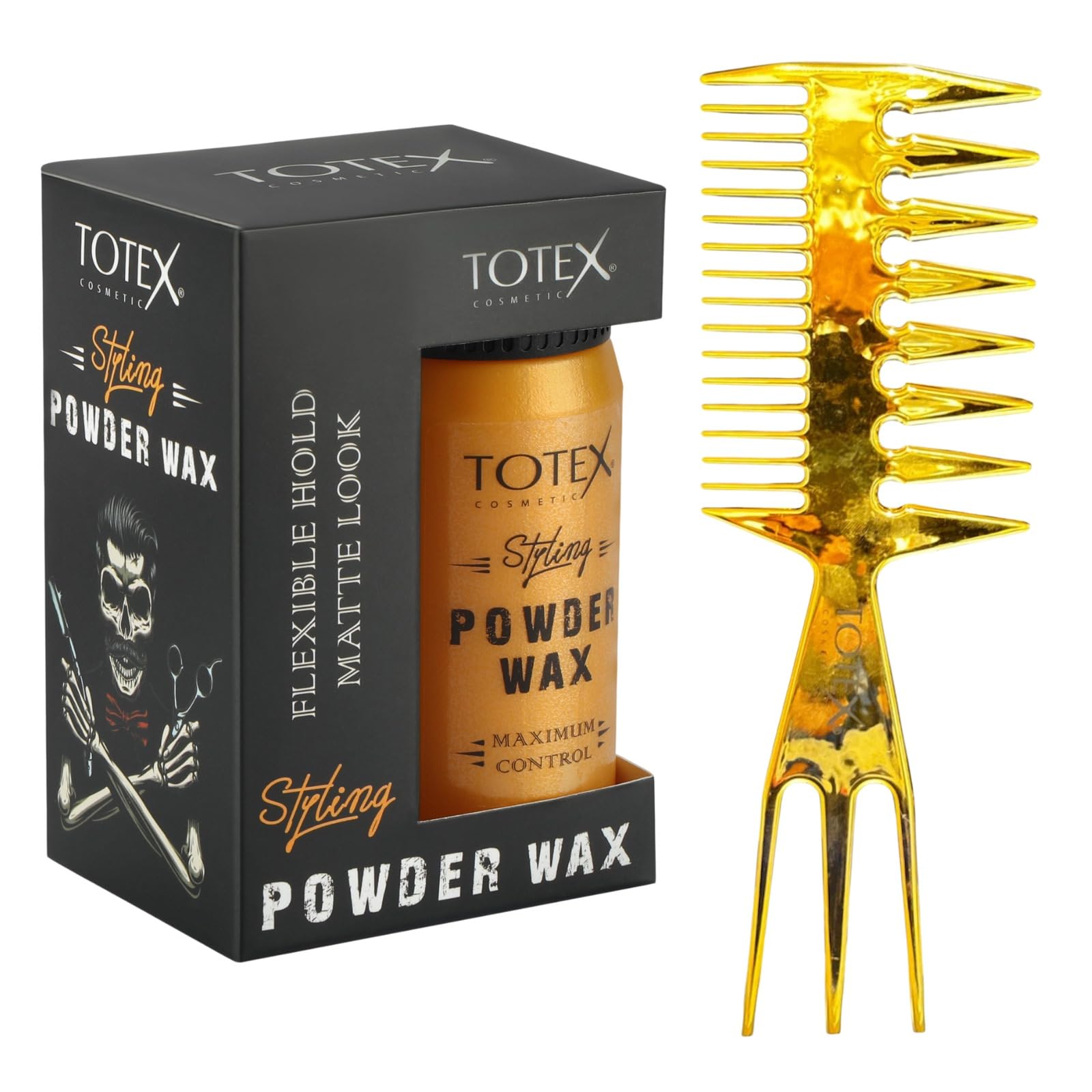 Totex Hair Styling Matte Powder Wax 20g + Wide Tooth Gold Comb No2 | Volumizing Texturising Dust Powder | Strong Hold Matte Finish | Hair & Beard Styling Kit for Men & Women