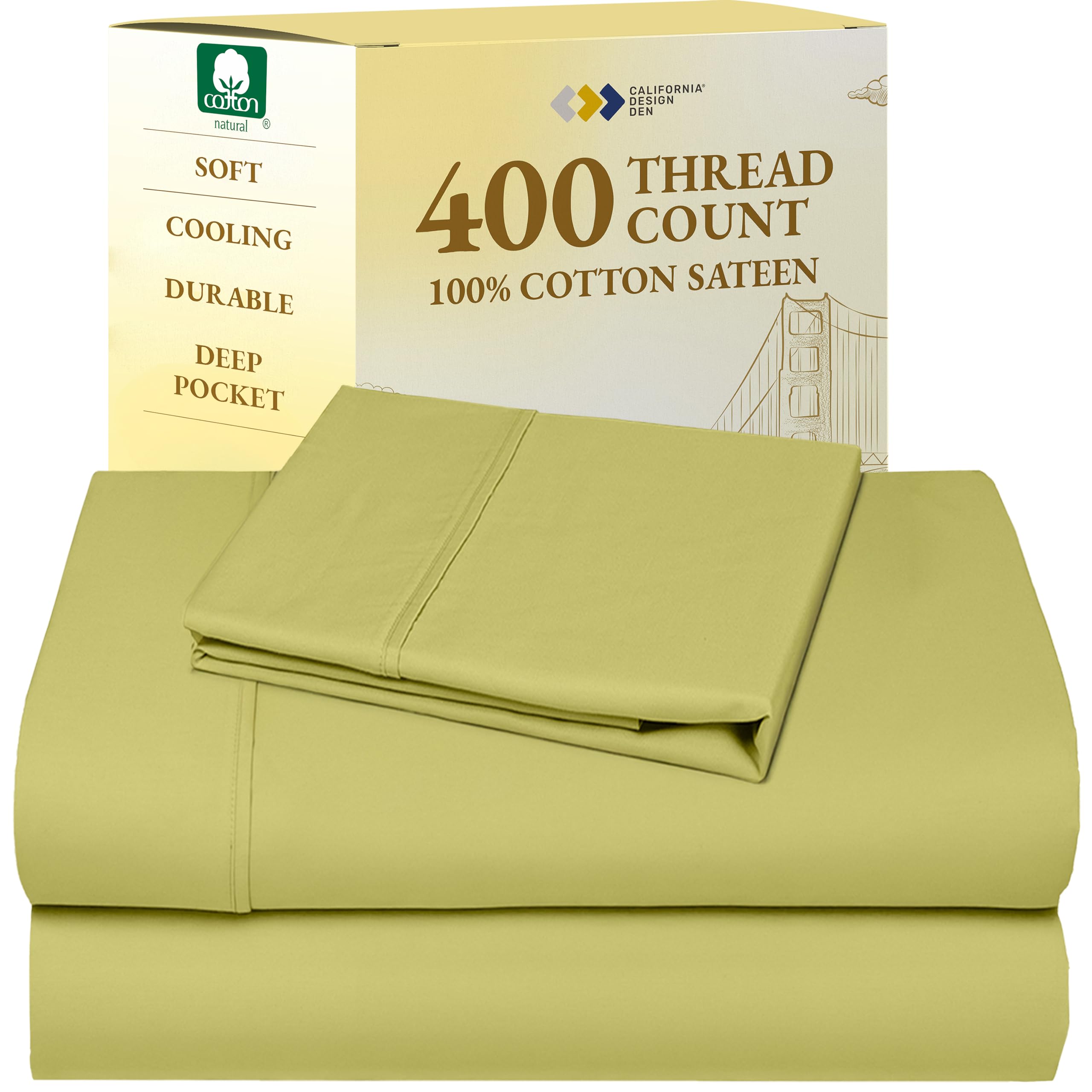 California Design Den Twin XL Sheet Sets - 400 Thread Count Sateen, 100% Cotton Sheets Twin XL, Deep Pockets, and Durable Bedding for Dorm Rooms & Adults - Celery Green Image