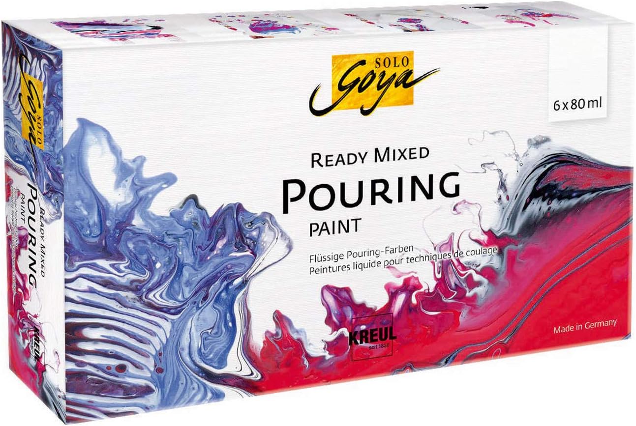 KREUL Solo Goya 87230 Ready Mixed Pouring Set, Pre-Mixed Pouring Acrylic Paint, 6 Bottles of 80 ml in White, Carmine Red