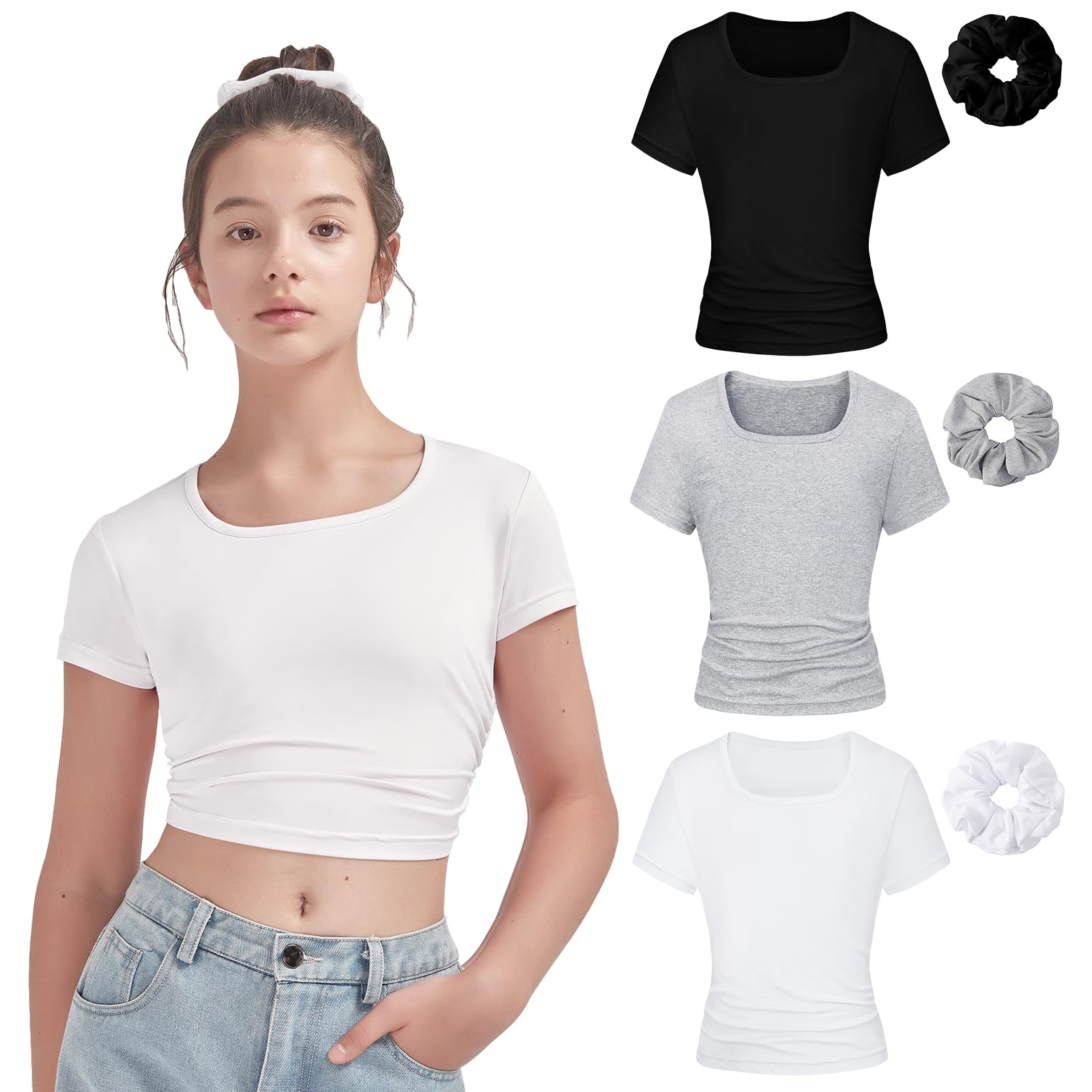Photo 1 of EXARUS 3 Pack Girls Tops Slim Fit Short Sleeve Y2K Shirt Soft Lightweight Bodycon Tees Square Neck Tee Shirts Summer Basic T Shirts Side Ruched Waist Teen Girl Solid Sets White Black Lether Grey 10Y