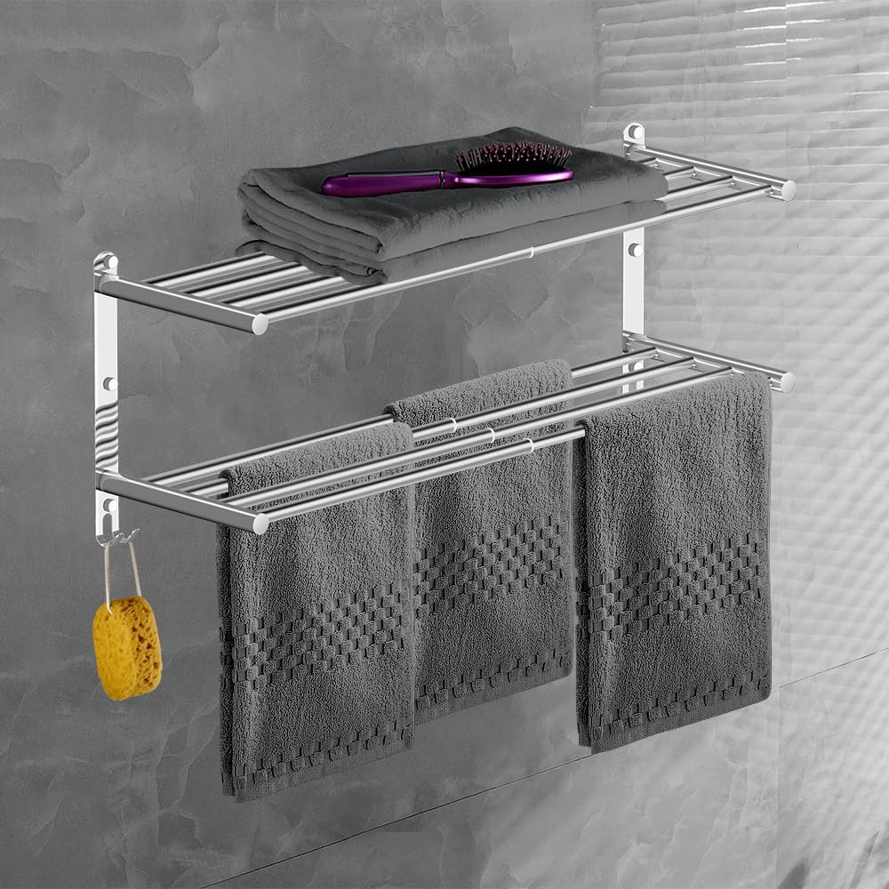 HONPHIER Towel Rails Wall Mounted Chrome 2 Tier Adjustable Towel Bars Stainless Steel Towel Racks With Hooks 43-78CM Towel Shelves for Kitchen Bathroom Toilet Hotel Office