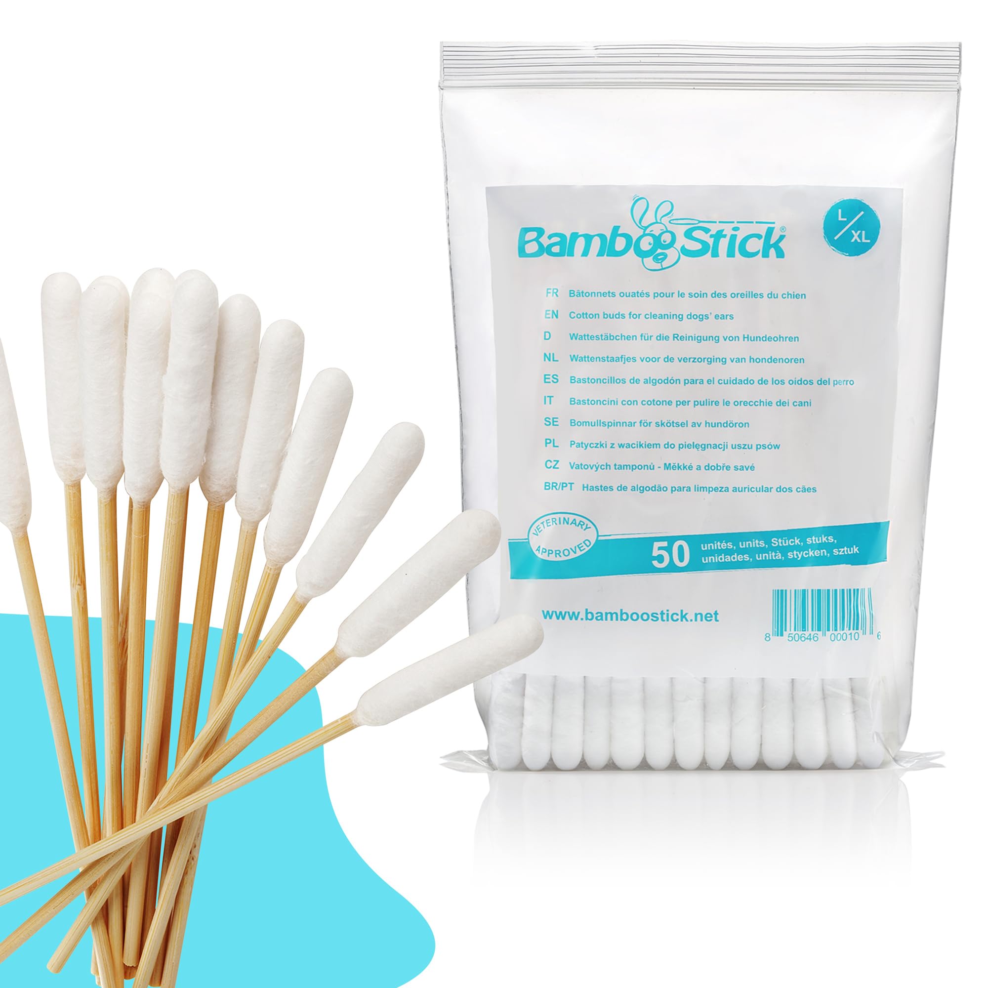 BambooStick Bamboo Cotton Buds for Medium and Large Dogs (50 L/XL Buds) - Safe and Easy Ear Wax Removal - Designed by French Vet