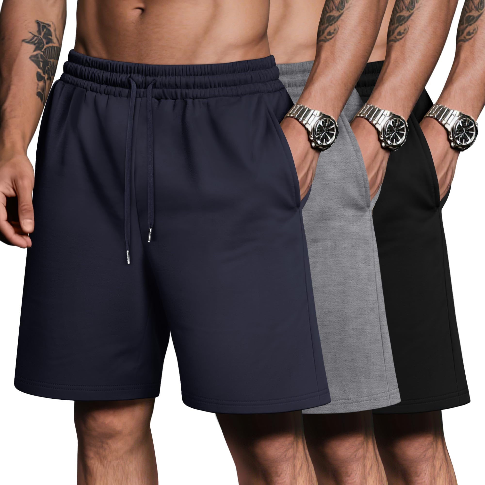 Photo 1 of **MISSING ONE**Riyiper 3 Pack Men's Bermuda Athletic Shorts Cotton Casual High Waist Shorts with Pockets Drawstring Knee Length Shorts(Black, Dark Gray, Dark Blue Gray,X-Large)