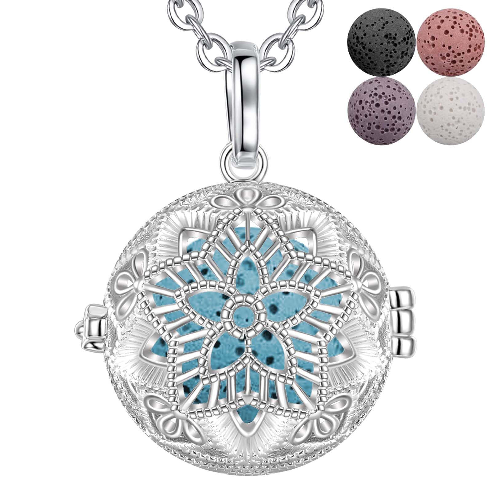 INFUSEU Aromatherapy Oil Diffuse Necklace, Essential Planet Women Anxiety Jewelry Filigree Bloom Star Flower Pendent with 7 Reusable Coloured Lava Stones,24 Inch Chain — image 1