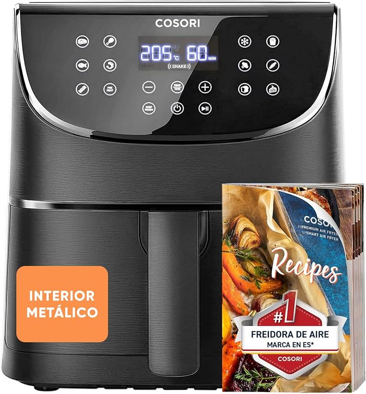 Fritadeira cosori sem óleo 5,5 l, fritadeira de ar quente com 100 receitas em espanhol, 11 programas, tela de toque led, cesto antiaderente, temporizador