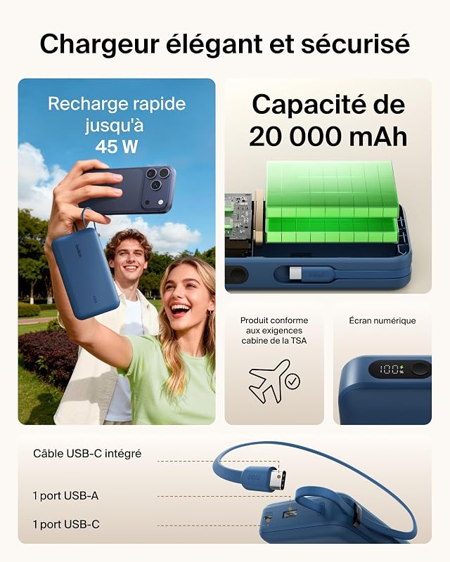 UltraCharge Batterie Externe 20K avec Câble USB-C Et Écran - Bleu