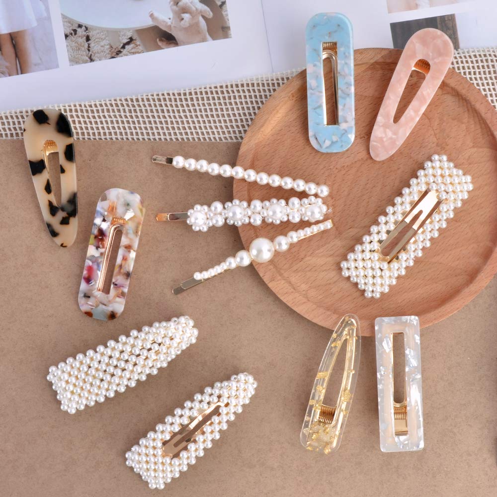 12 PCS Hingwah Pearl Hair Clips and Acrylic Resin Hair Barrettes, Marble Geometric Alligator Hair Bobby Pins, Fashion Party, Birthday, Wedding Gifts- Gold Hair Accessories for Women Girls