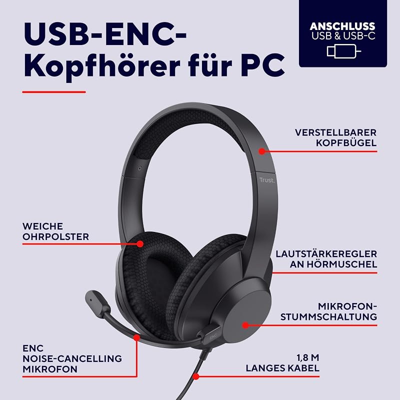 Ayda Max USB Headset mit Mikrofon Over-Ear, Noise Cancelling Mikrofon
