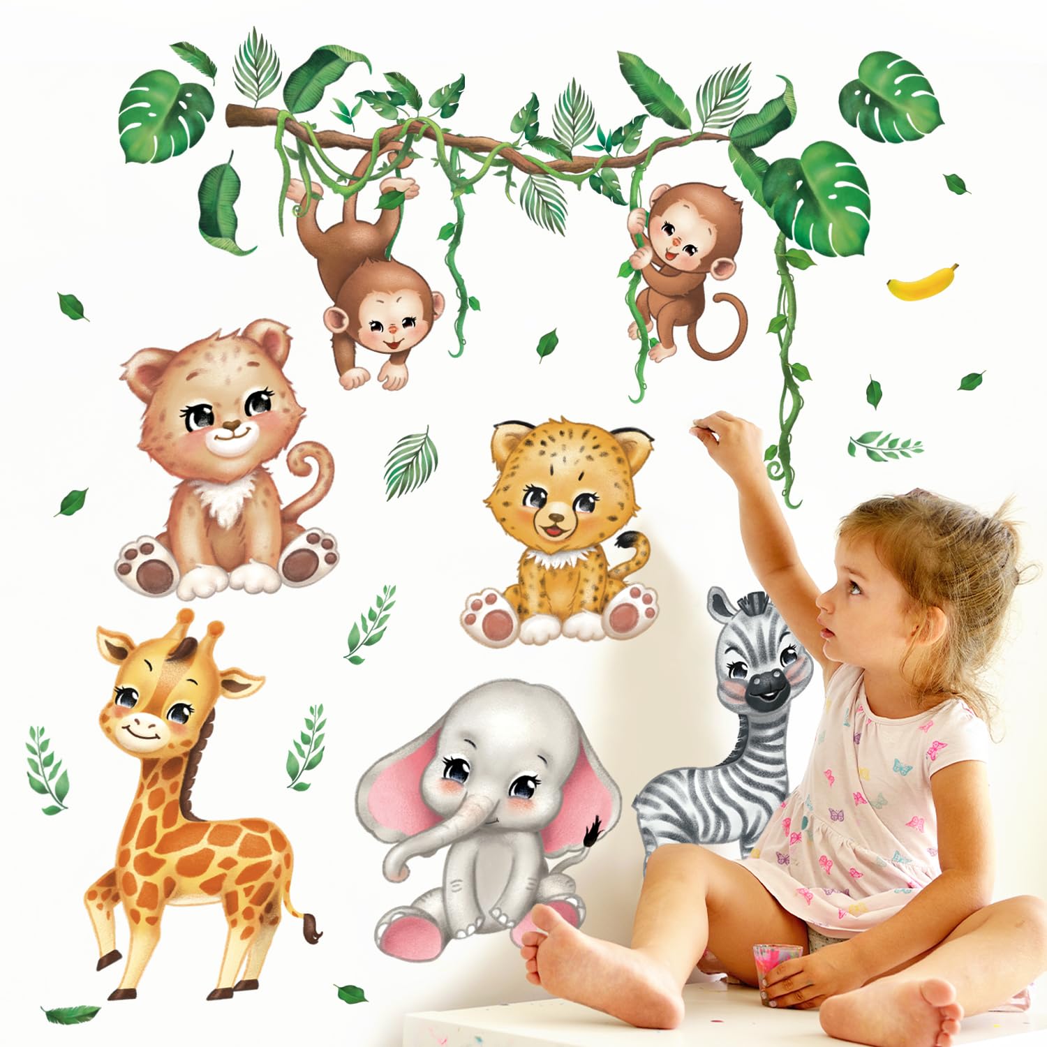 DECOWALL DS12-8073 Jungle Animals Wall Decals Elephant Giraffe Safari Wall Stickers Baby Nursery Kids Room Living Room Wall Décor