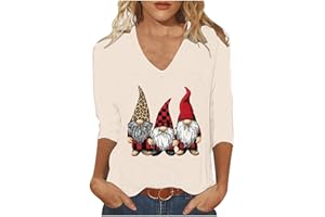Christmas Gnome Print Shirts for Women 3/4 Sleeve Holiday Graphic Tshirts Stylish Cute Xmas Party Top