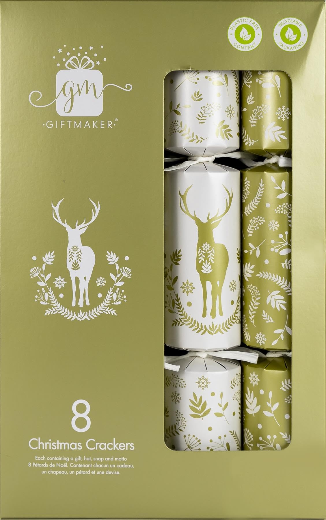 Giftmaker Pack 8 White & Gold Stag Design Novelty Family Christmas Crackers 29cm