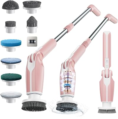 Leebein Electric Spin Scrubber 8 Brush Heads Long Handle Remote 350/450RPM