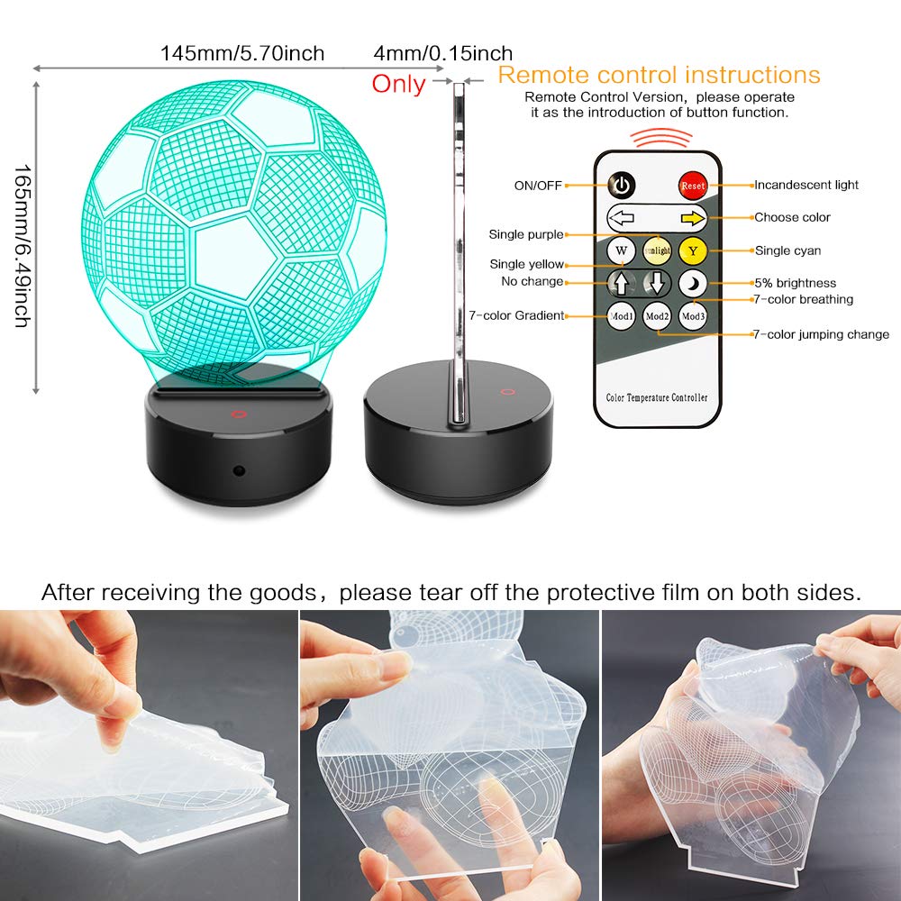 JCMKJ 3D Soccer Night Light 3D Basketball Night Light 7 Color Change LED Table Desk Lamp Acrylic Flat ABS Base USB Charger Home Decoration Toy Brithday