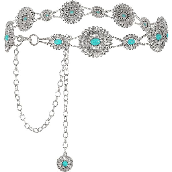 Cowgirl turquoise boho chain belt Western Oval Turquoise Chain Belt for Women Cowgirl Boho  main image 4