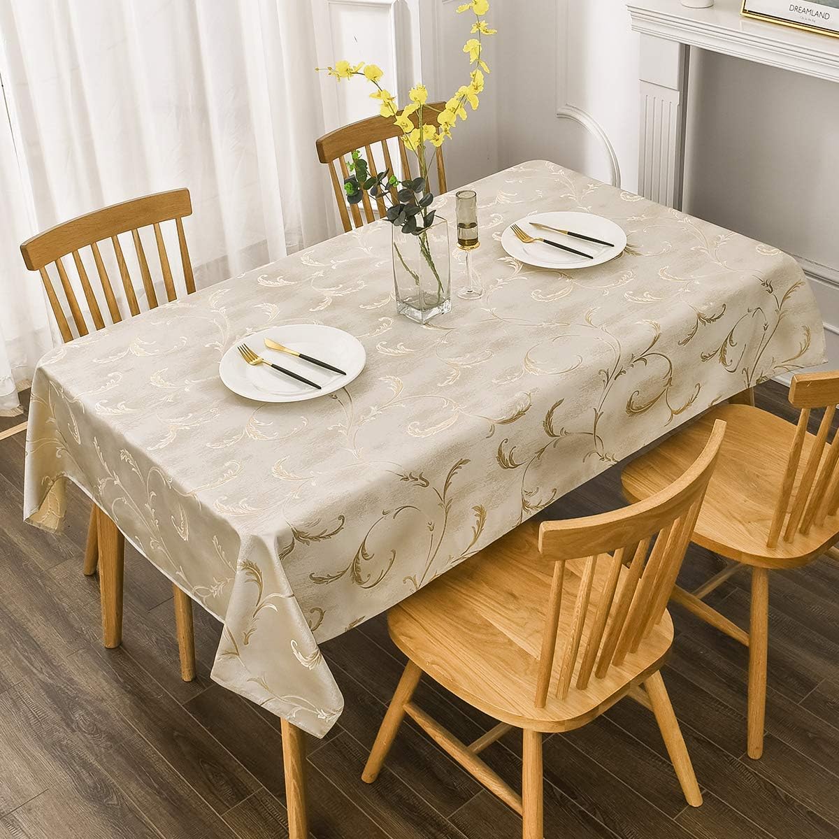Villa Feel Leaf Embroidered Table Cloth Classic Luxurious Decorative Tablecloth Spill-Proof and Water Resistance Table Cover for Kitchen Dining (Rectangle/Oblong, 54 x 102 Inch,Ivory Golden)