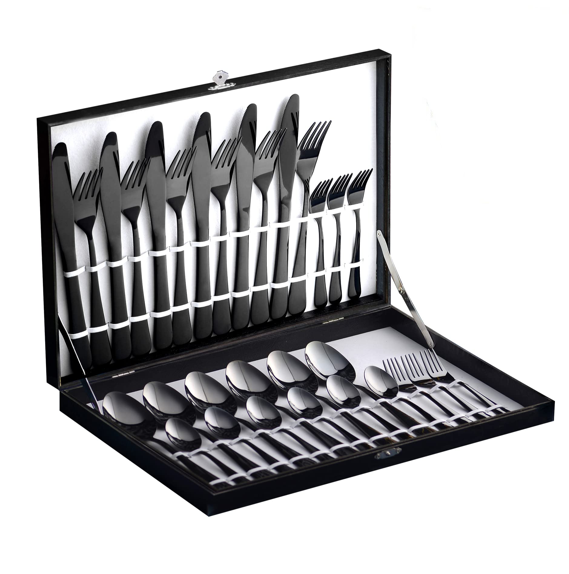 Velaze 30-Piece Black Silverware Flatware Cutlery Set, 18/10 Stainless Steel Utensils Service for 6 Person, Mirror Polished Design